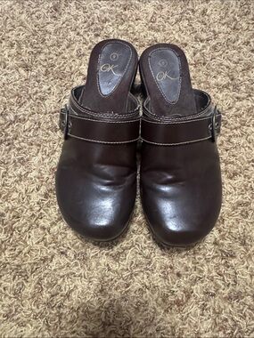 Dark Brown Leather Buckle Clog Mules